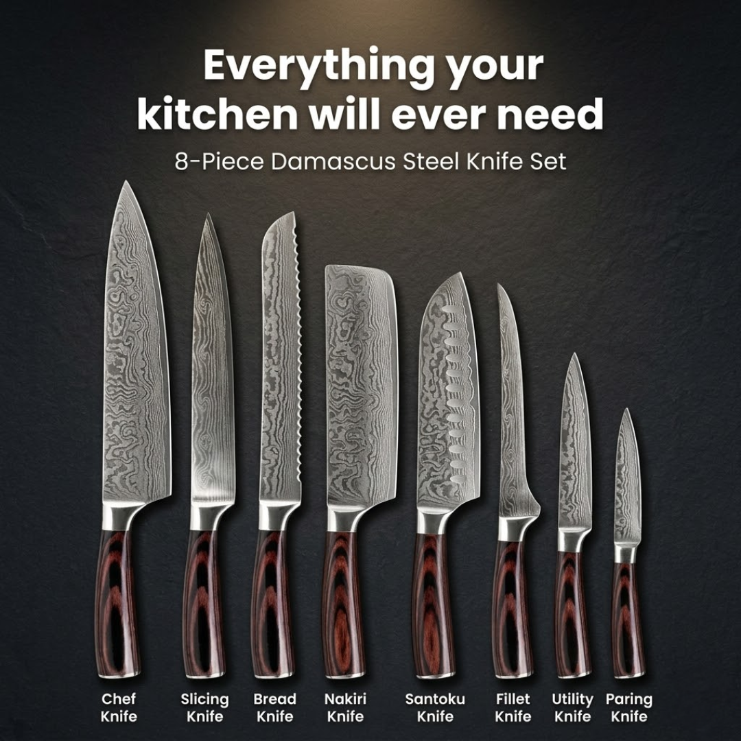 Damascus Steel Knives Set 8pc